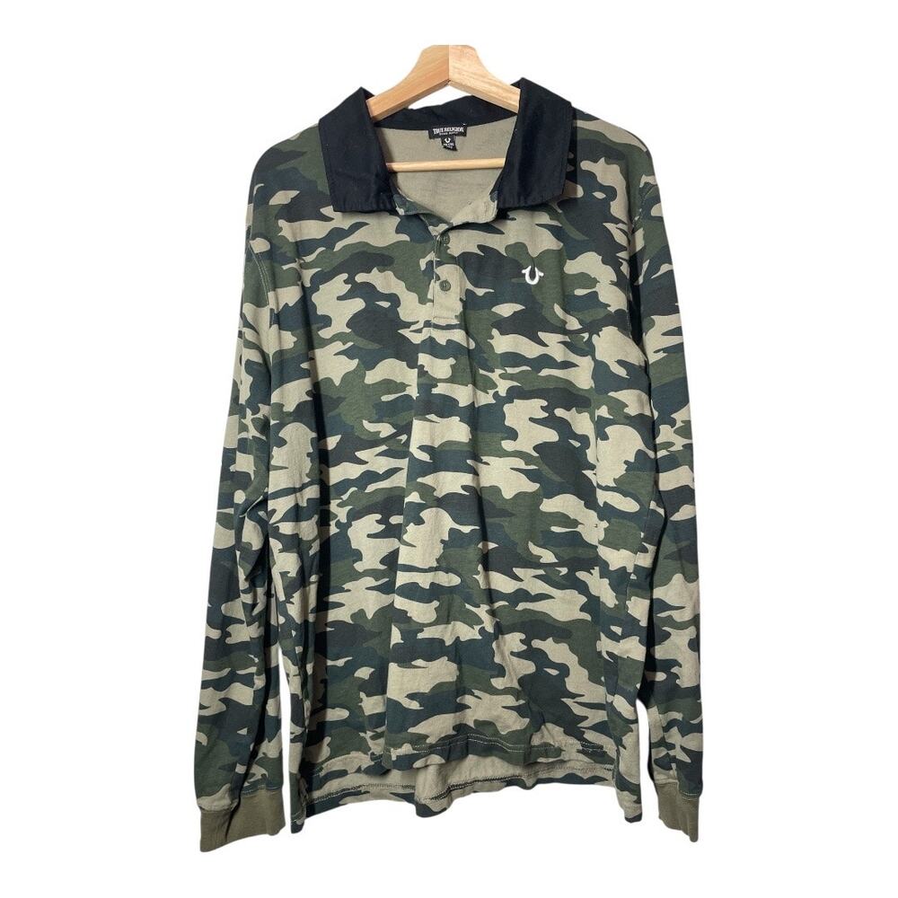 True Religion Long Sleeve Camouflage Shirt Polo Size 2XL Mens Camo XXL Green Blk